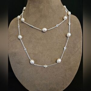 Silver Freshwater Pearl Station Necklace Sterling Silver 925, Cubic Zirconia